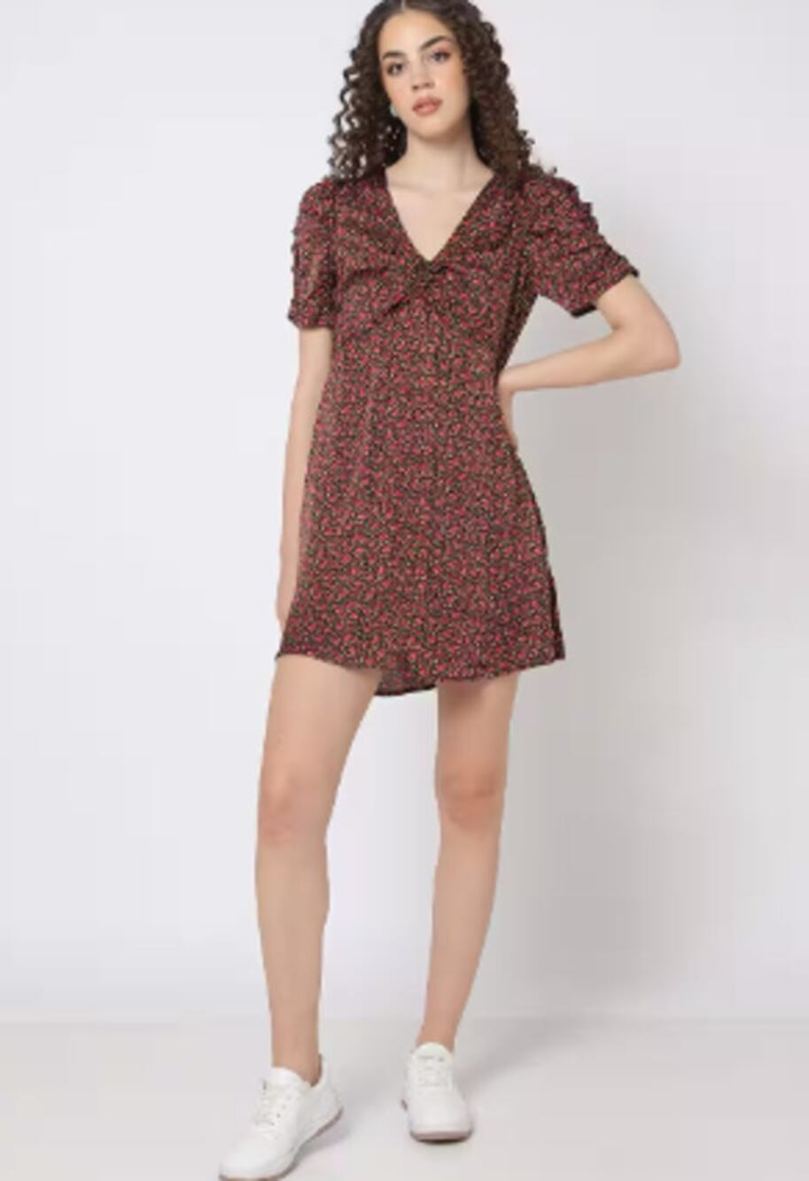 Gap Multicolor Floral Short Puff Sleeve V Neck Ruched Mini Skater Dress Size XXS